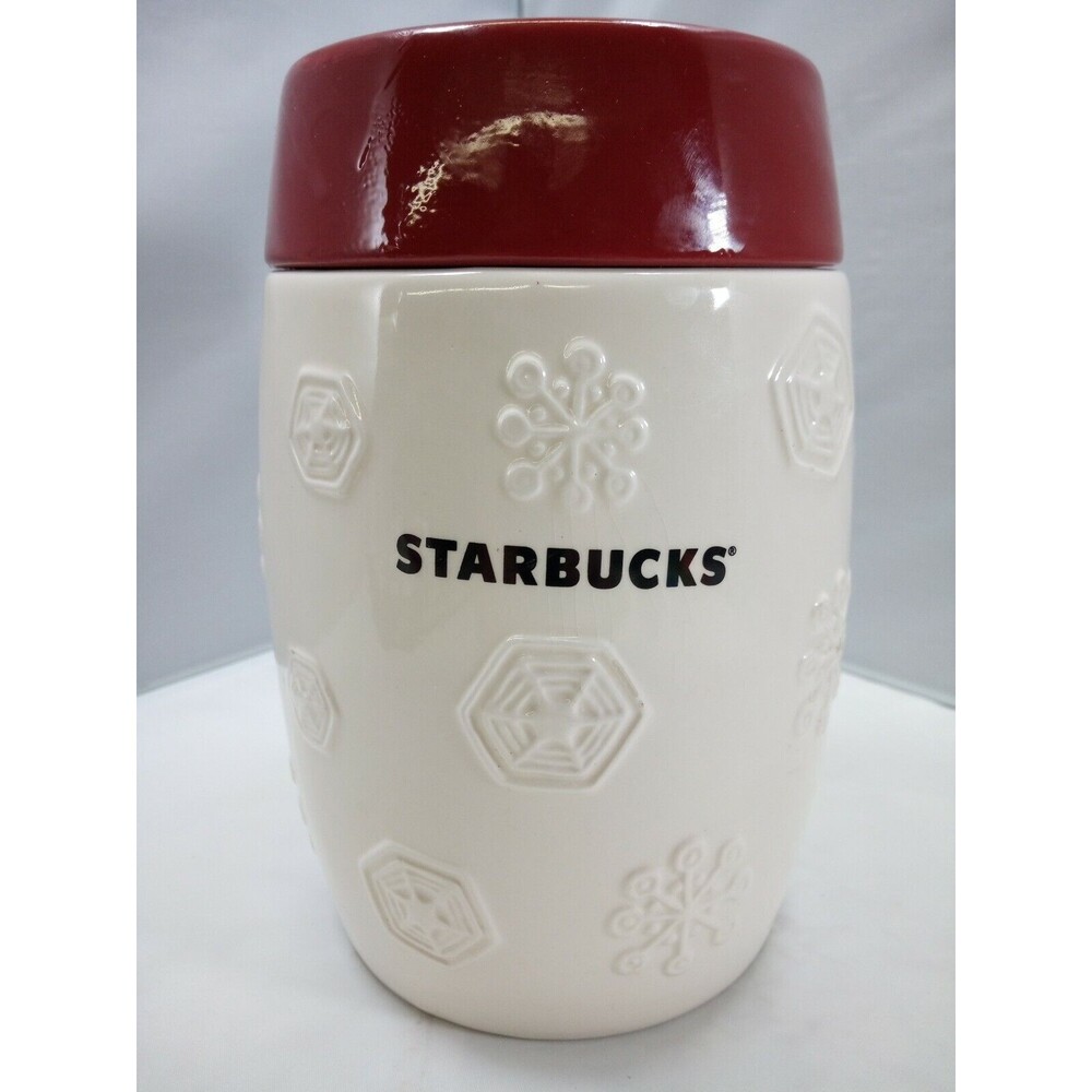 Starbucks 2011 Red / White Snowflake Christmas Canister Coffee Bean Cookie Jar